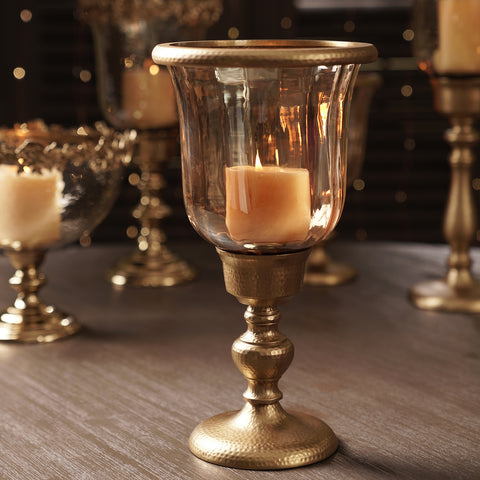Amber & Gold Glass Hurricane Candle Holder