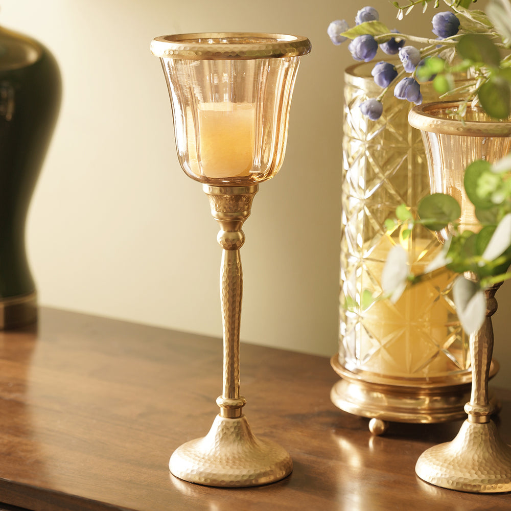 Amber & Gold Glass Hammered Hurricane with Base - Large