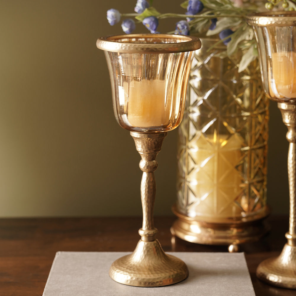 Amber & Gold Glass Hammered Hurricane with Base - Small