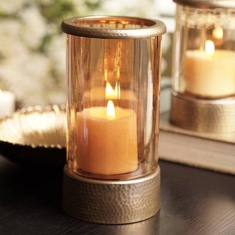 Amber & Gold Glass Candle Holder with Metal Base - Large