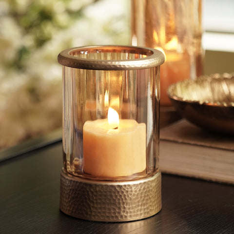 Amber & Gold Glass Candle Holder with Metal Base - Small