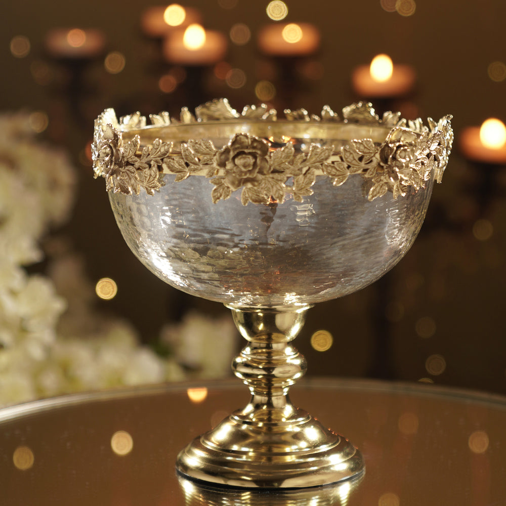 Amber & Gold Glass Hammered Bowl with Stand - Small