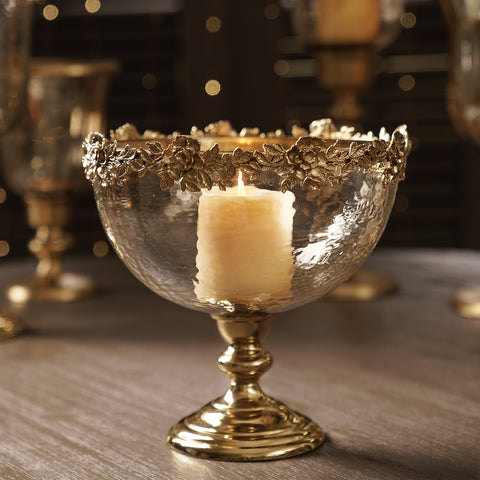 Amber & Gold Glass Hammered Bowl with Stand - Large