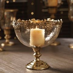 Amber & Gold Glass Hammered Bowl with Stand - Large