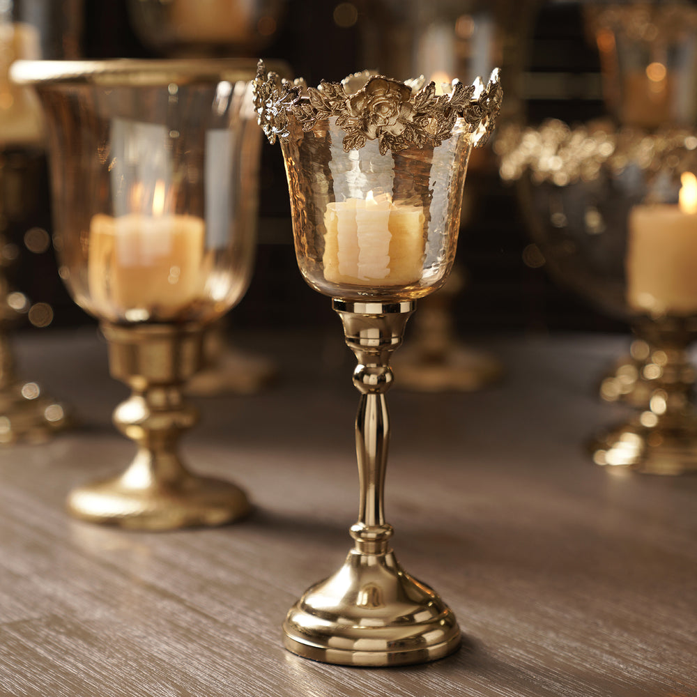 Amber & Gold Hammered Candle Holder with Stand - Small