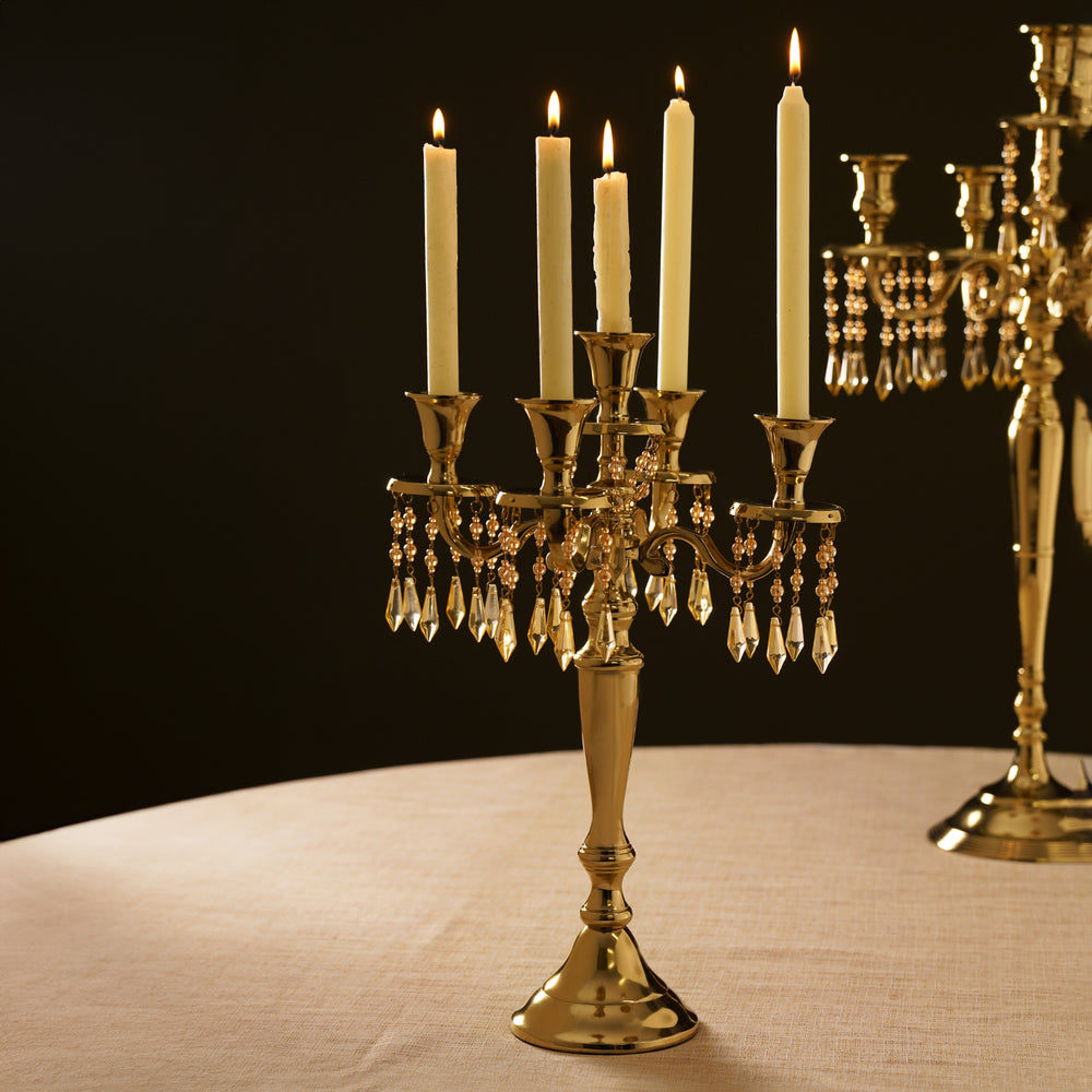 Gold 5 Arm Candelabrum with Crystal Danglers - Small