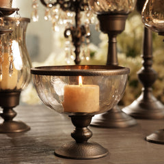 Brown Antique Textured Glass Bowl with Metal Base