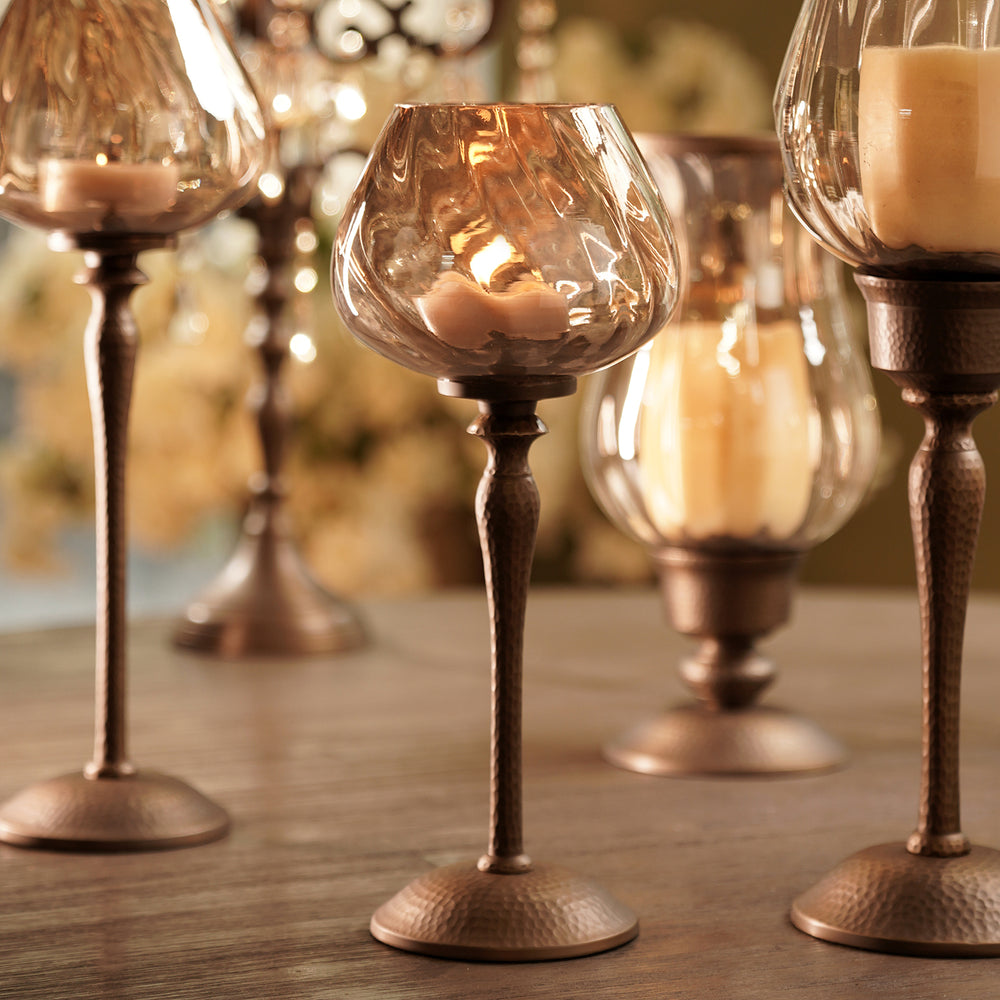 Brown Antique Glass Candle Holder with Hammered Base