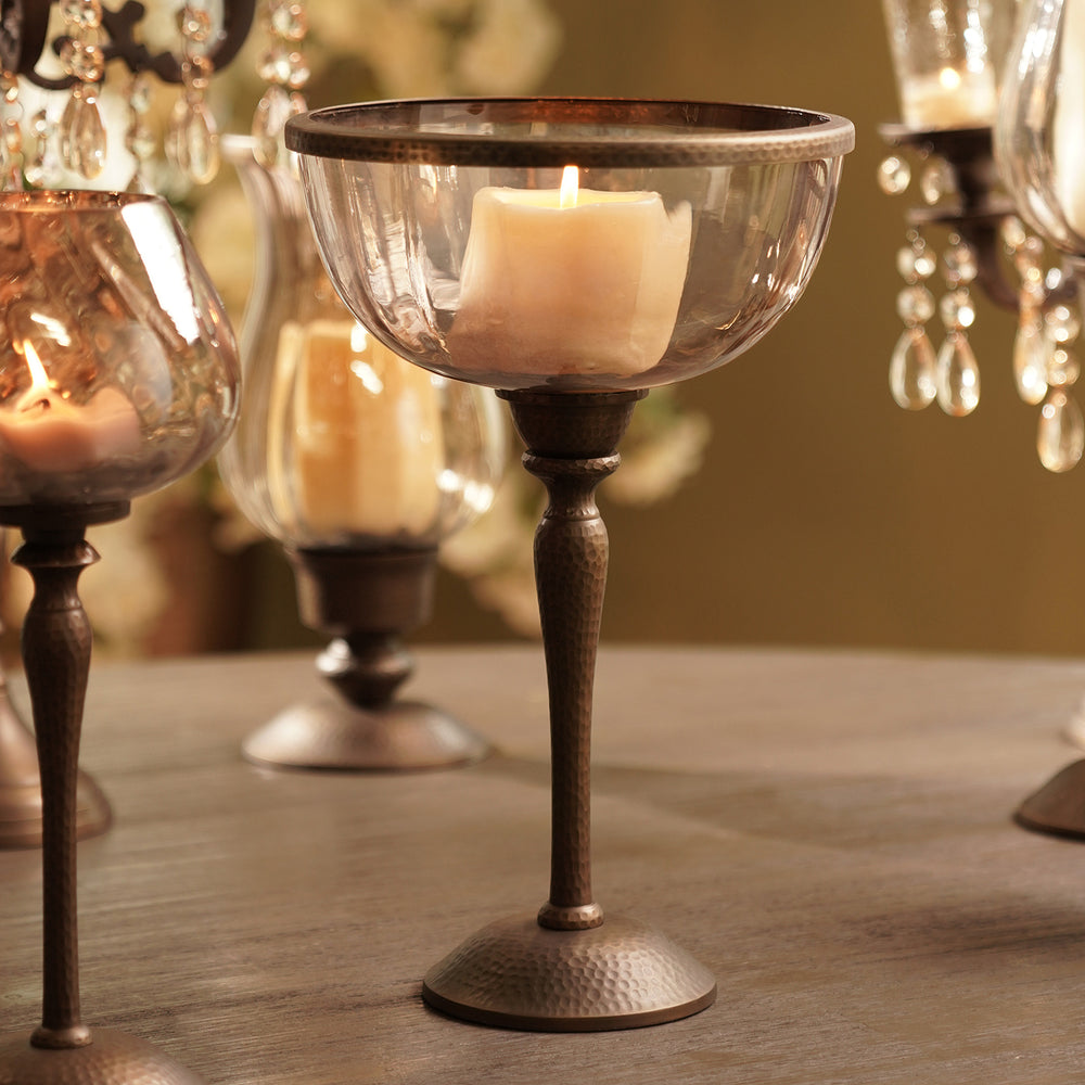 Brown Antique Textured Glass Bowl with Metal Stand