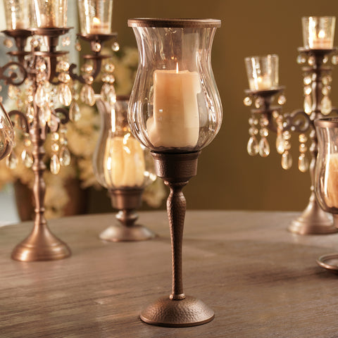Brown Antique Glass Hurricane with Hammered Stand