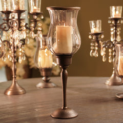 Brown Antique Glass Hurricane with Hammered Stand