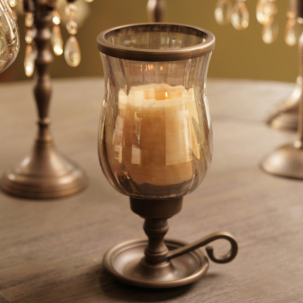 Brown Antique Finish Glass Candle Holder with Metal Handle