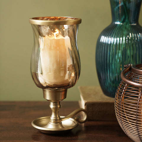 Amber & Gold Glass Candle Holder with Metal Handle