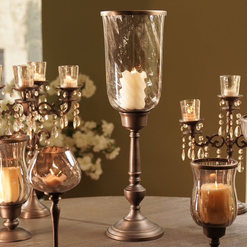 Brown Antique Glass Candle Holder with Metal Base