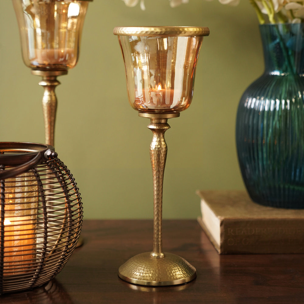 Amber & Gold Votive Candle Holder with Base - Small