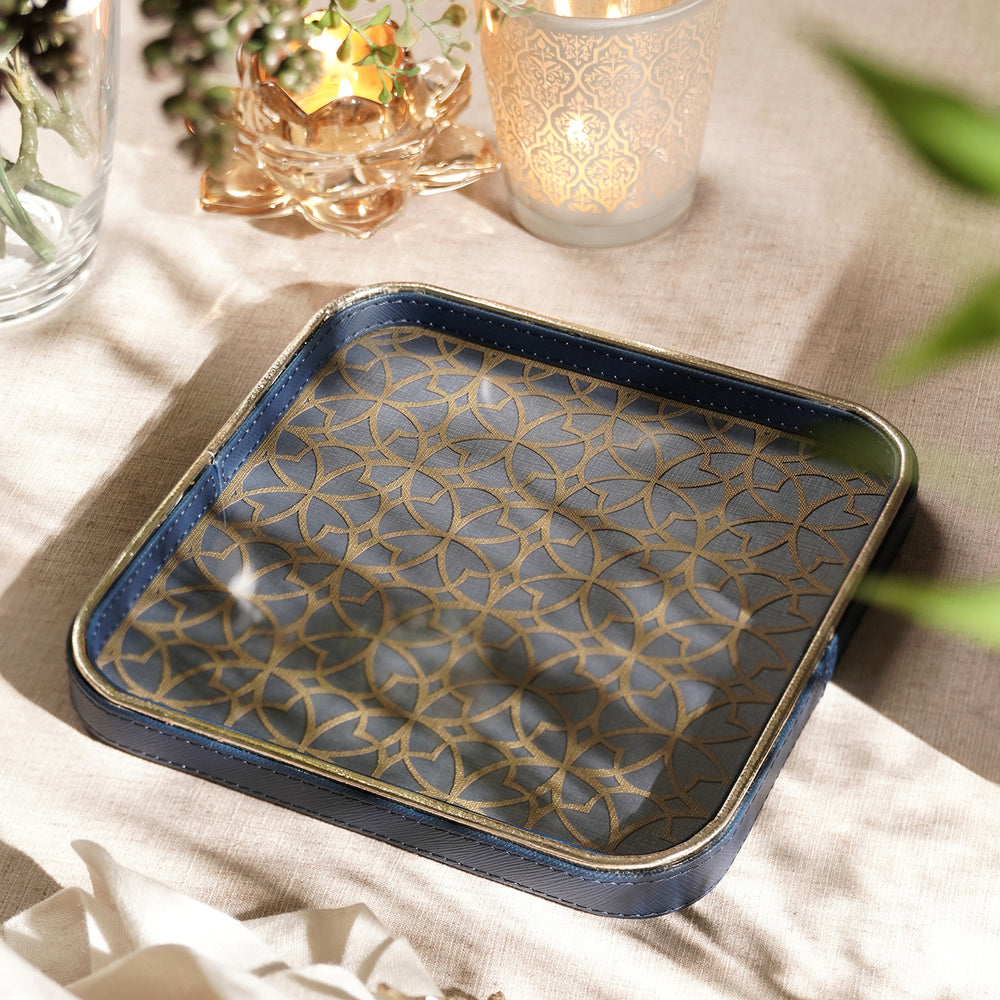 Blue Lazer Cut Faux Leather Square Platter - Small