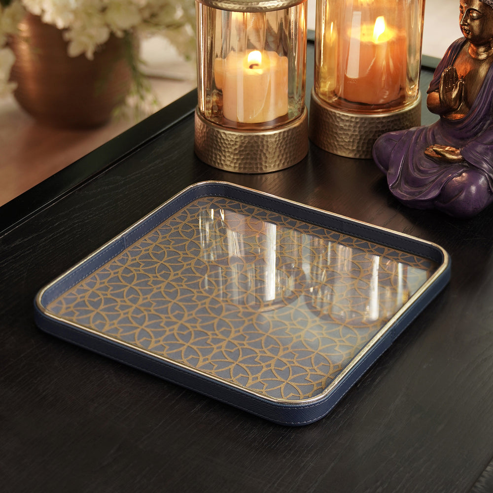 Blue Lazer Cut Faux Leather Square Platter - Large