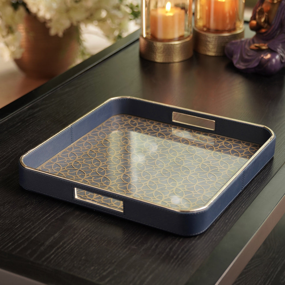 Blue Lazer Cut Faux Leather Square Tray