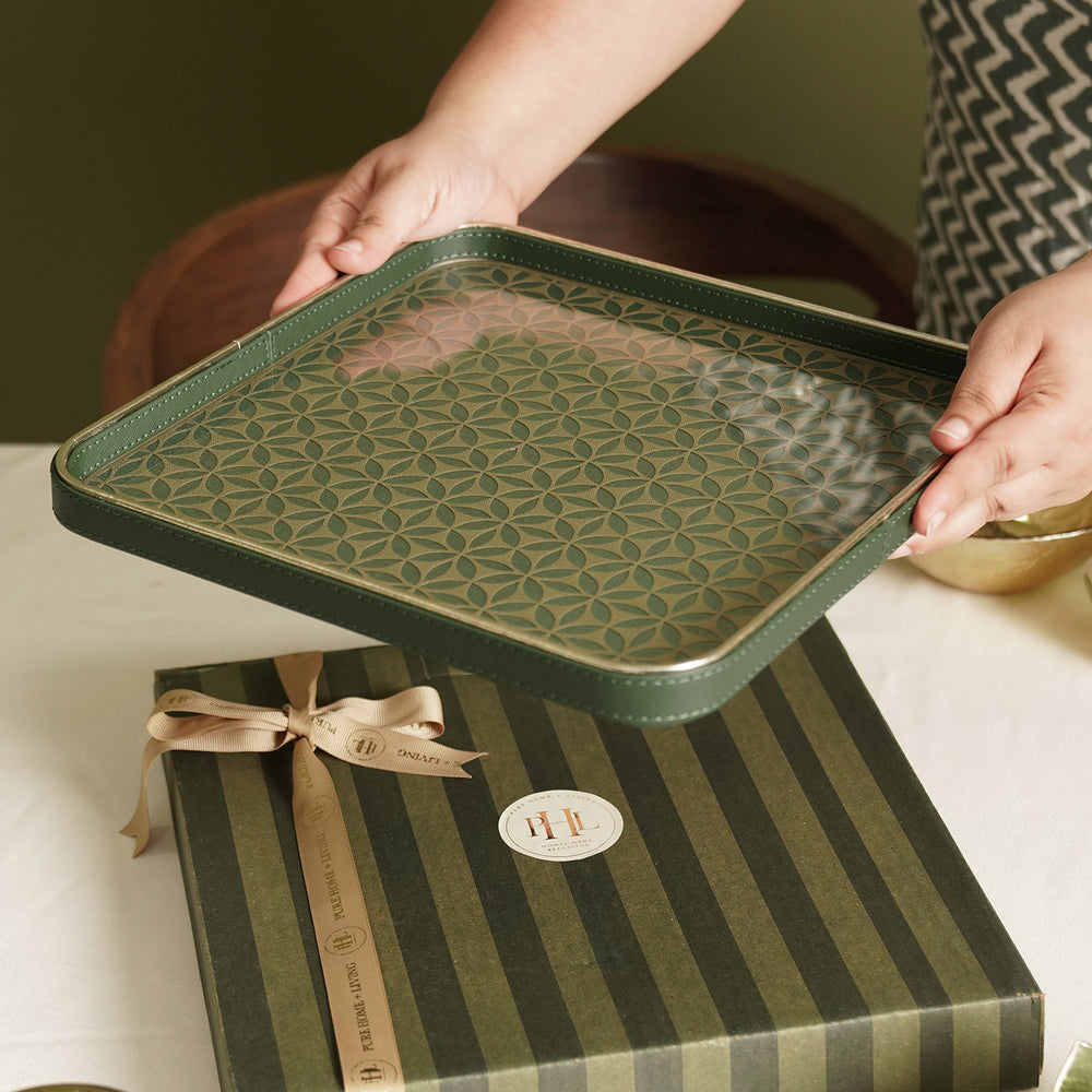 Green Lazer Cut Faux Leather Square Platter - Large