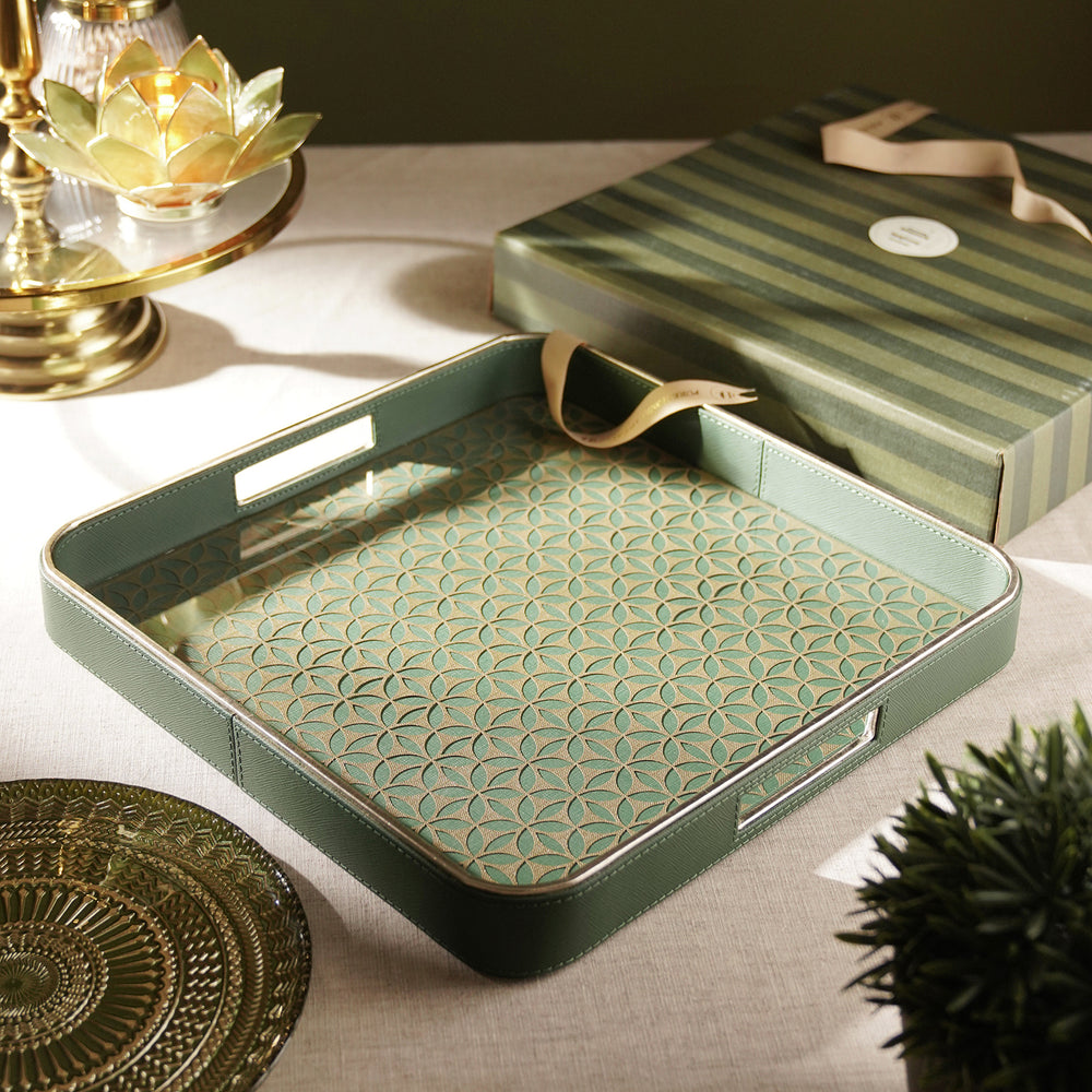 Green Lazer Cut Faux Leather Square Tray