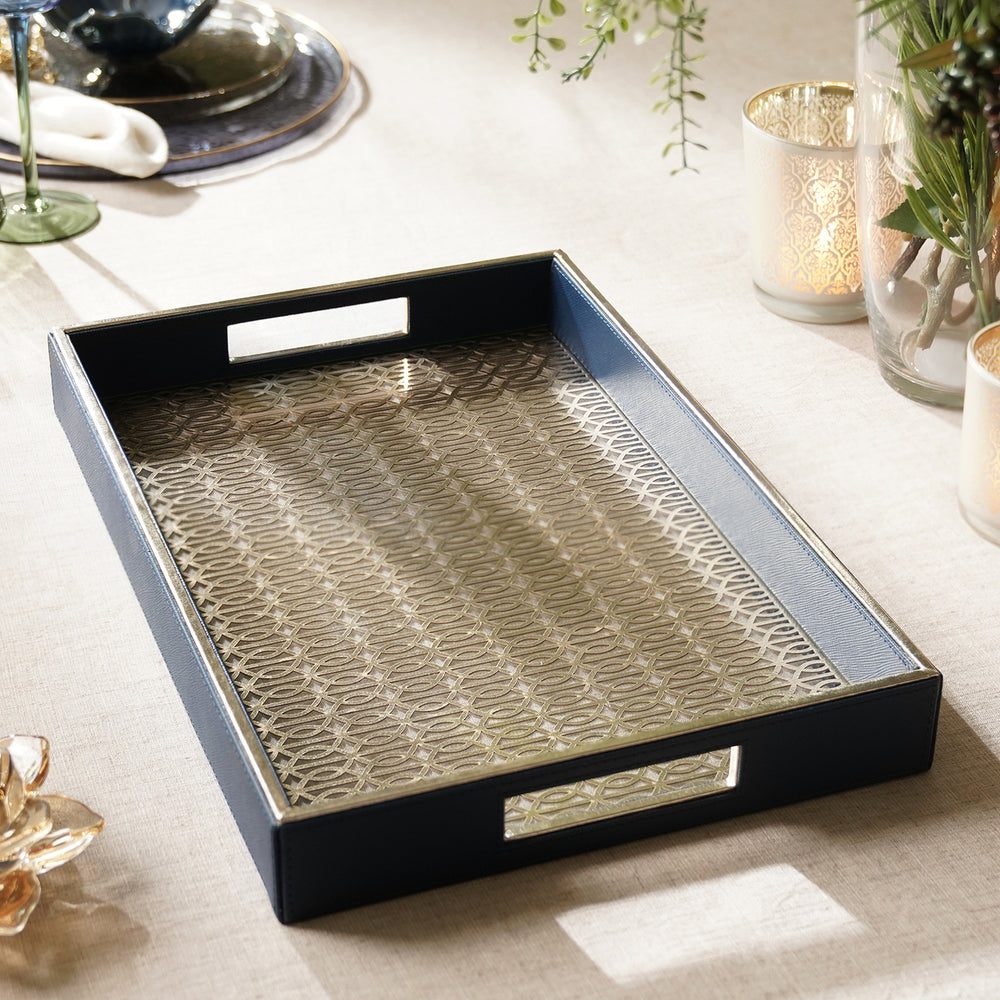 Blue Lazer Cut Faux Leather Rectangle Tray