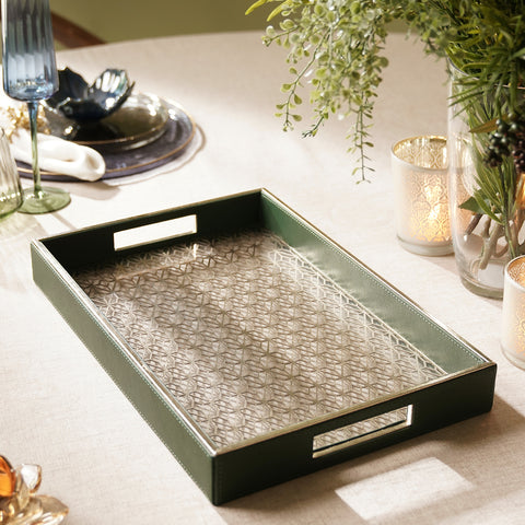 Green Lazer Cut Faux Leather Rectangle Tray