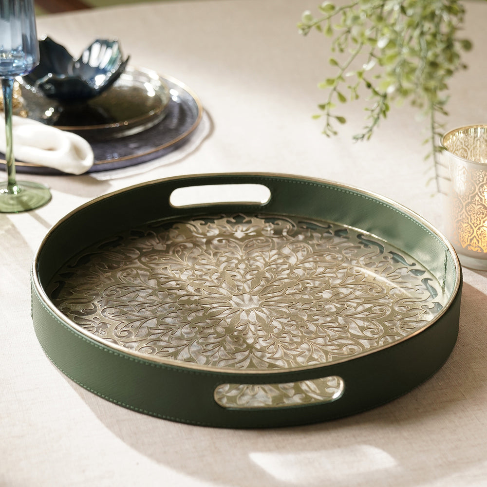 Green Lazer Cut Faux Leather Round Tray