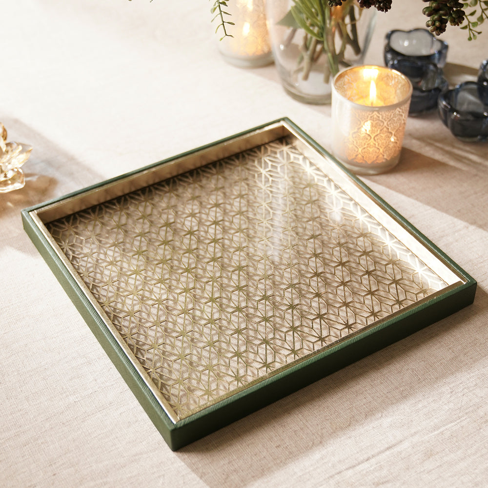 Green Lazer Cut Faux Leather Square Platter