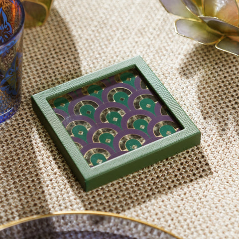 Green & Purple Printed Glass Faux Leather Coaster