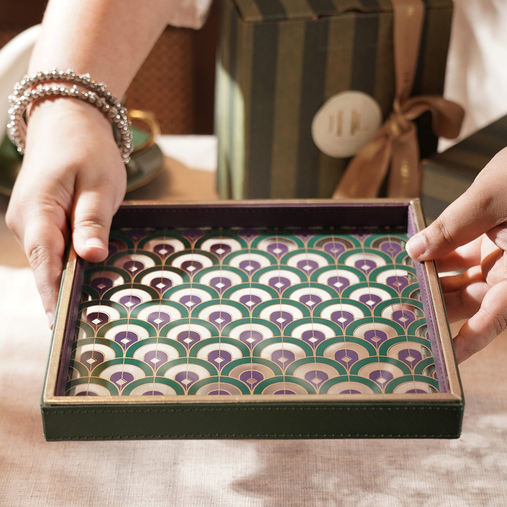 Green & Purple Printed Glass Faux Leather Platter - Small