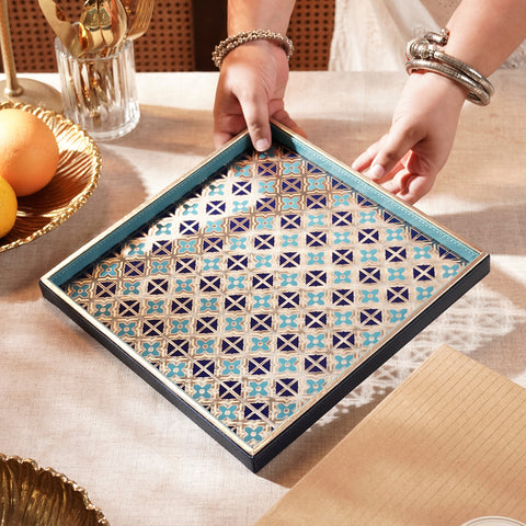 Blue & Teal Printed Glass Faux Leather Platter - Large