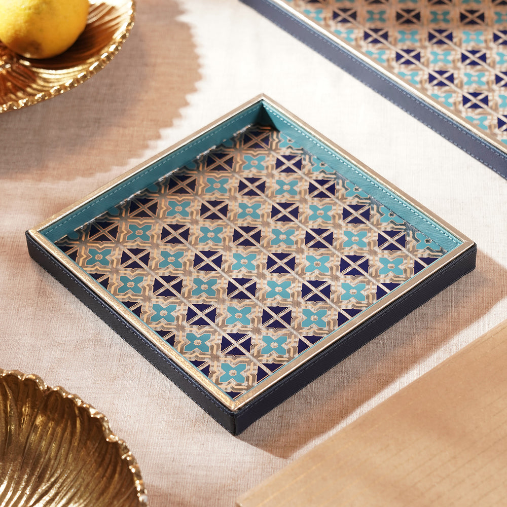 Blue & Teal Printed Glass Faux Leather Platter - Small
