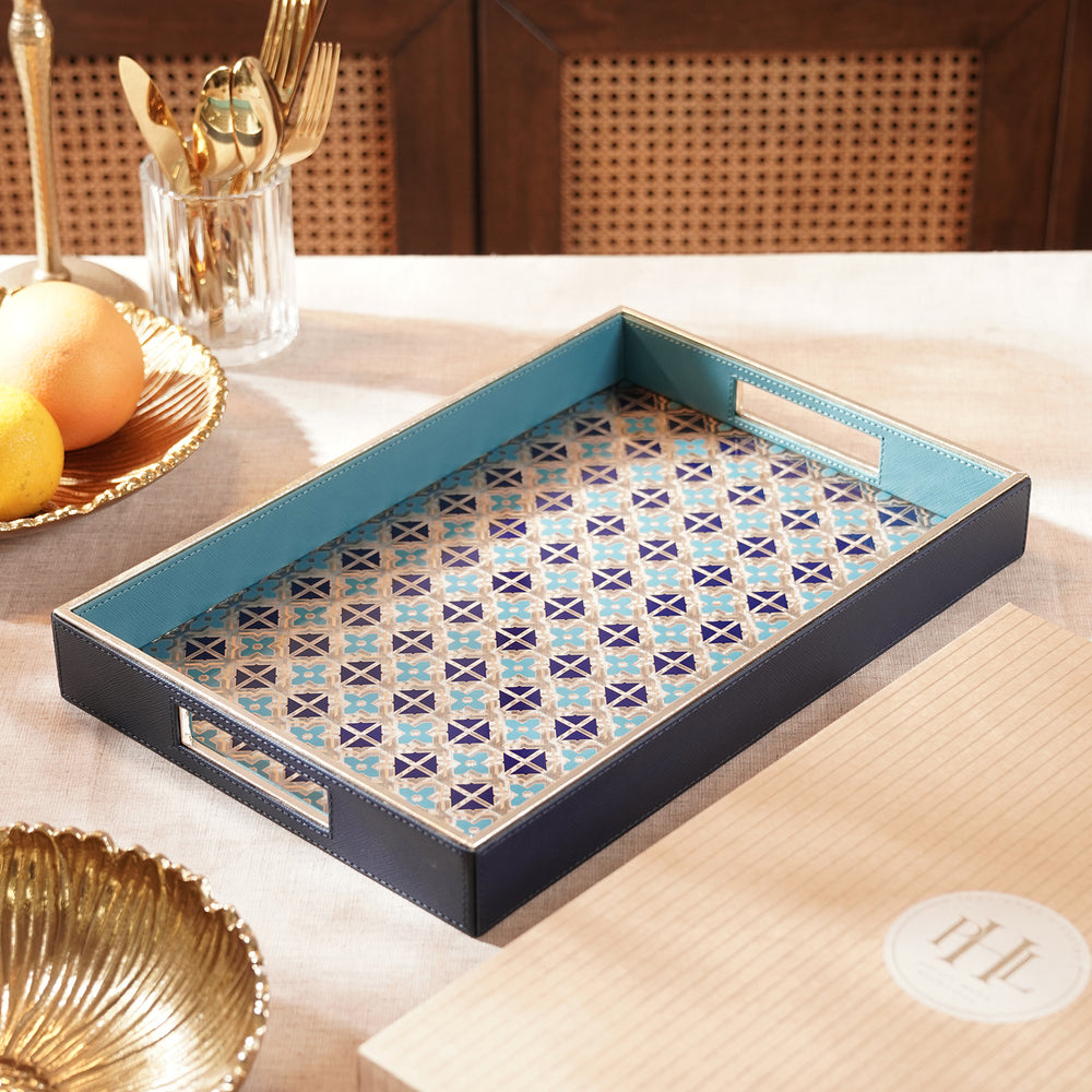 Blue & Teal Printed Glass Faux Leather Tray - Large