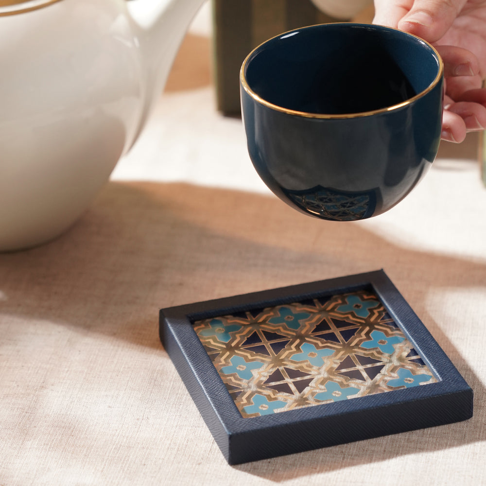 Blue & Teal Dual Tone Printed Glass Faux Leather Coaster