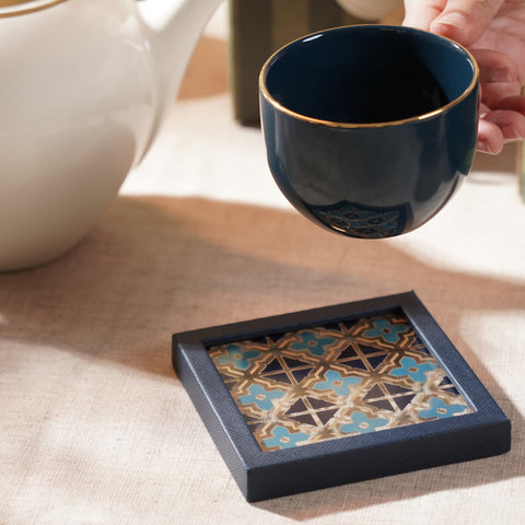 Blue & Teal Dual Tone Printed Glass Faux Leather Coaster