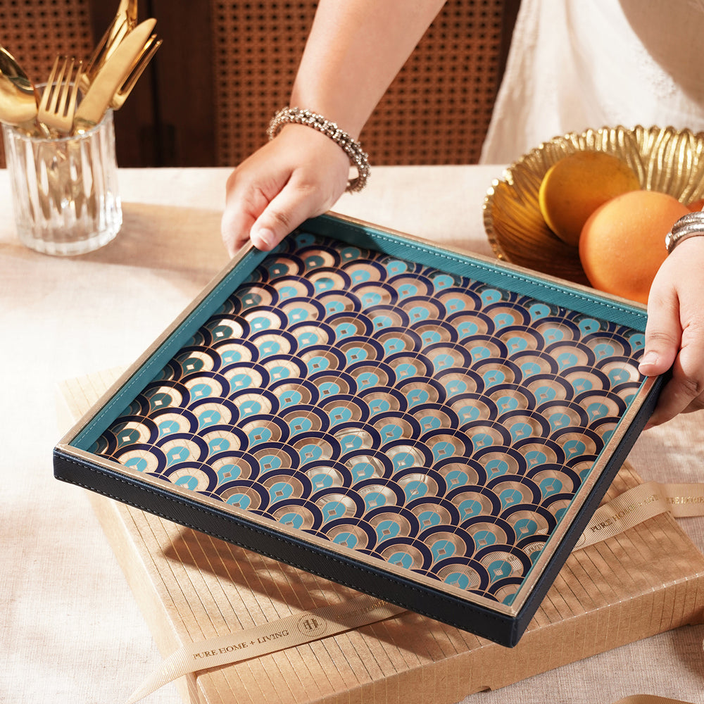 Blue Dual Tone Printed Glass Faux Leather Platter - Large