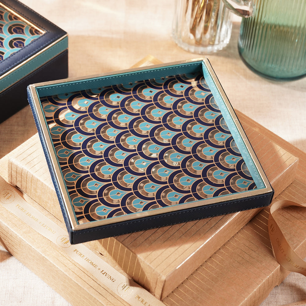 Blue Dual Tone Printed Glass Faux Leather Platter - Small