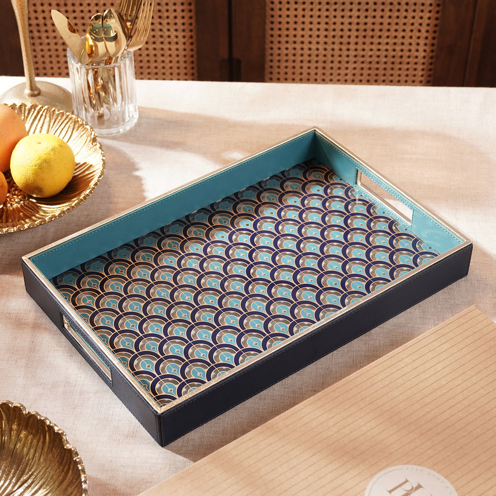 Blue & Teal Dual Tone Printed Glass Faux Leather Tray