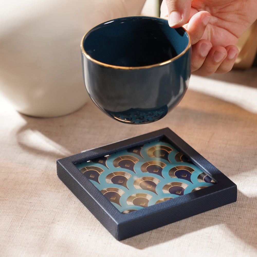 Blue & Teal Dual Tone Printed Glass Faux Leather Coaster