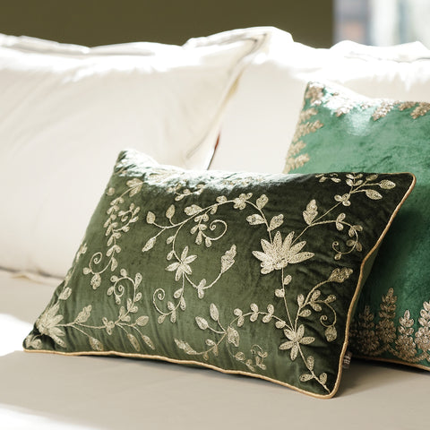 Green Zari Embroidery Velvet Rectangle Cushion Cover