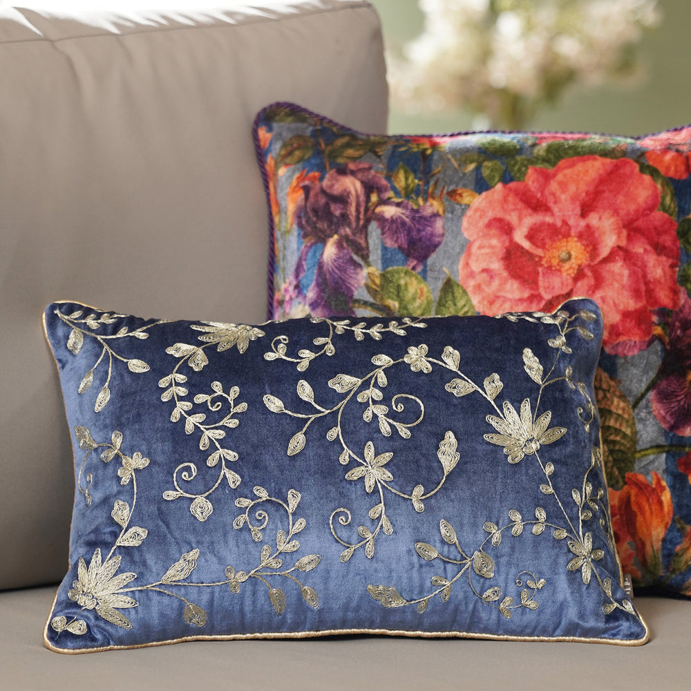 Blue Zari Embroidery Velvet Rectangle Cushion Cover