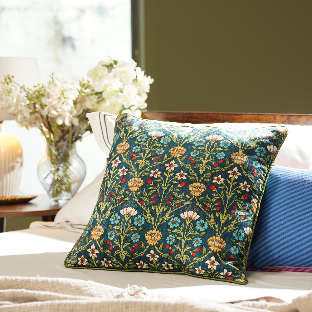 Green Floral Print Velvet Cushion Cover