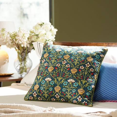 Green Floral Print Velvet Cushion Cover