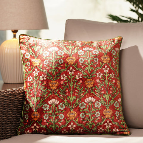 Orange Floral and Stripe Print Velvet Cushion Cover