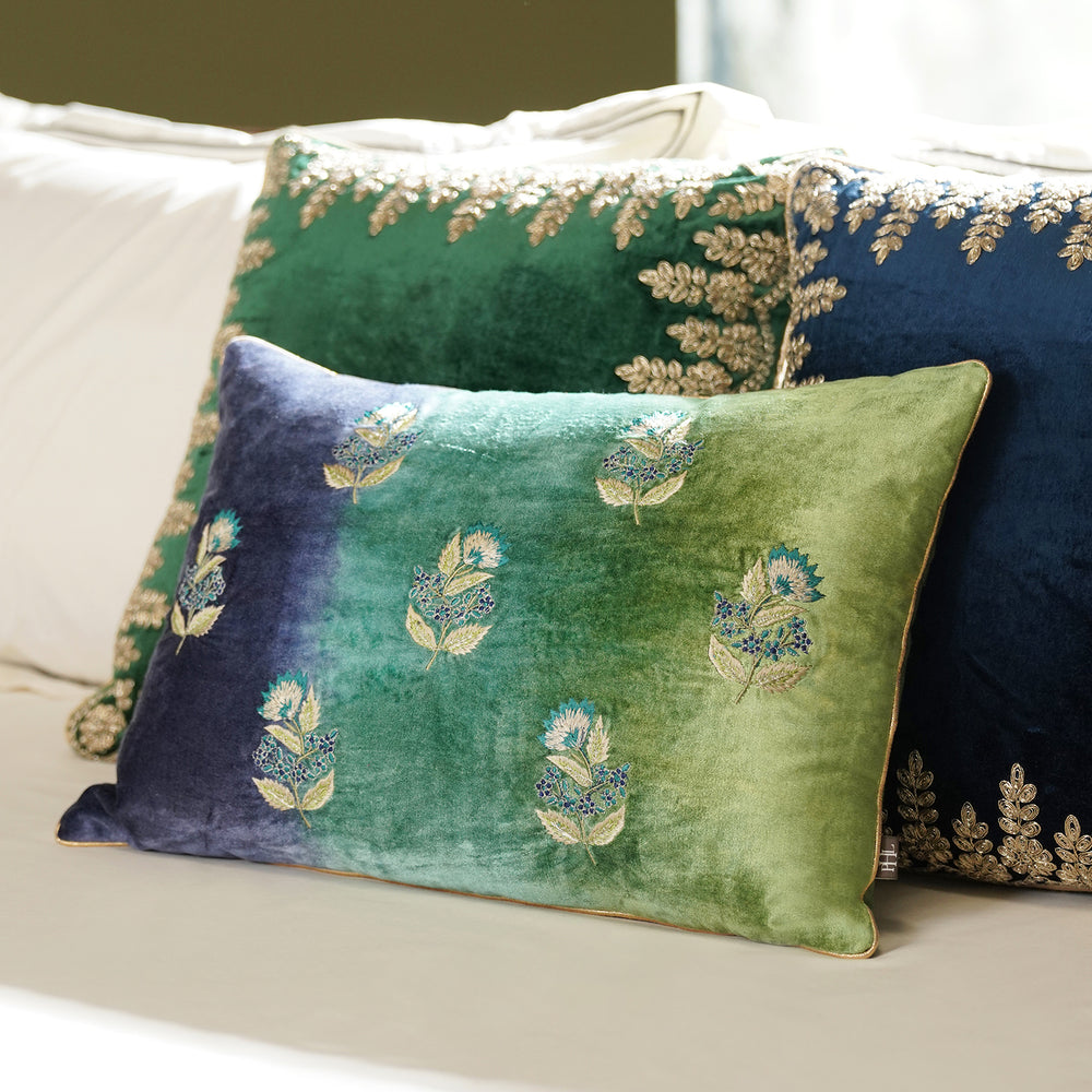 Green & Blue Tie Dye Embroidered Velvet Cushion Cover