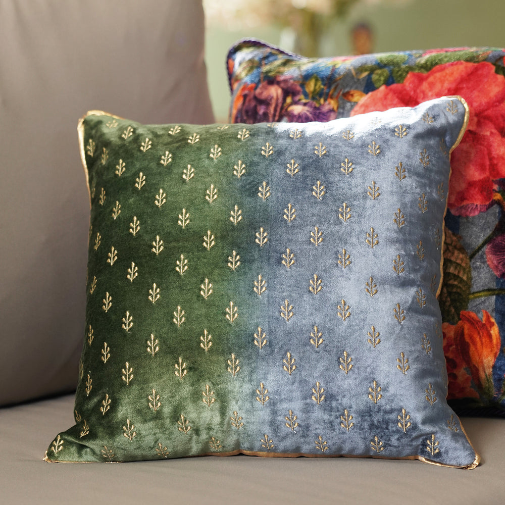 Green & Blue Tie Dye Embroidered Velvet Cushion Cover