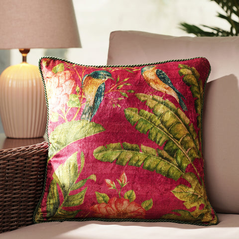 Red Bird Motif Print Velvet Square Cushion Cover