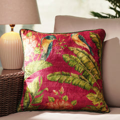 Red Bird Motif Print Velvet Square Cushion Cover