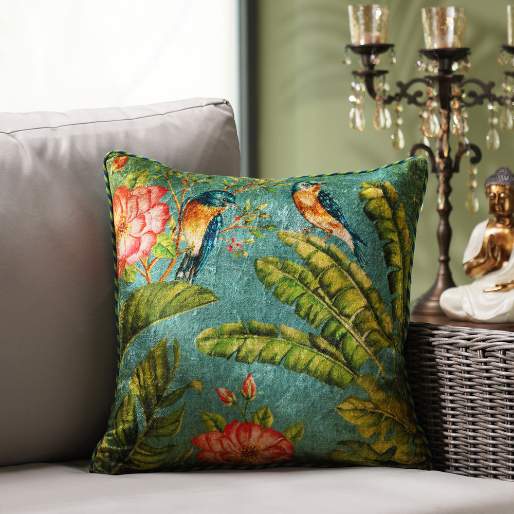 Teal Floral & Geometric Print Velvet Cushion Cover