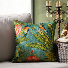 Teal Floral & Geometric Print Velvet Cushion Cover